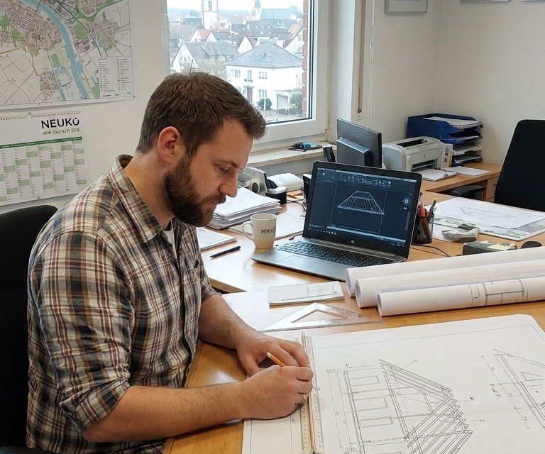 Bauzeichner bei der Planung am CAD-Arbeitsplatz in Monheim